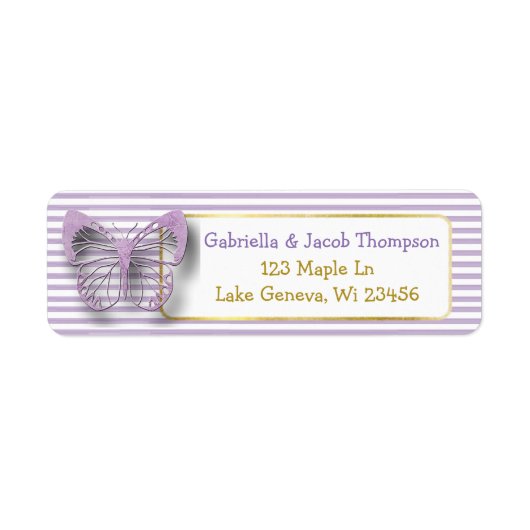 Étiquette de retour de papillon 3D violet et or (Devant)