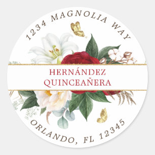 Étiquette de retour du papillon rouge floral or