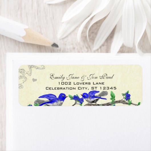 Étiquette de Retour Fleurs Bleu Royal Oiseau Gris (En situation)