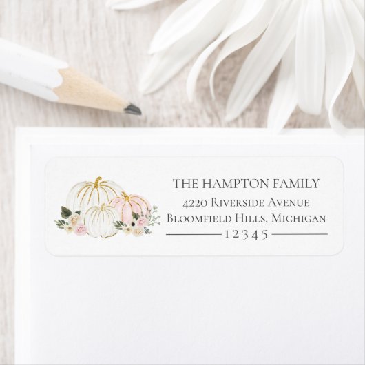 Étiquette de retour Floral Citrouille rose et blan (En situation)