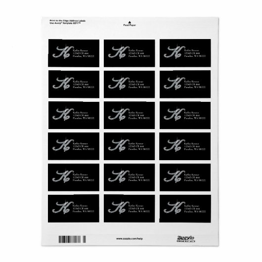 Étiquette de script K "Diamond Bling" (Feuille entière)