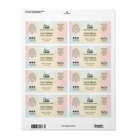 Étiquette de sérum de visage couleur Unicorne (Feuille entière)