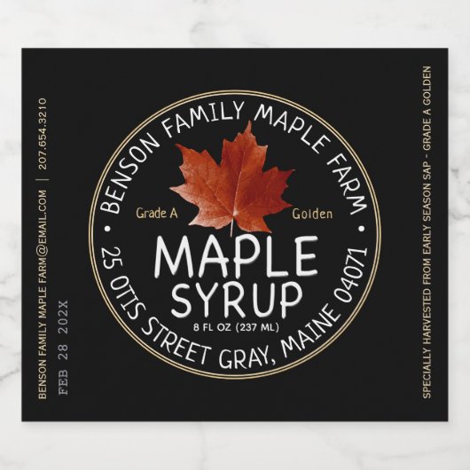 Étiquette de sirop d'érable noir avec feuille d'ér (Étiquettes simples)