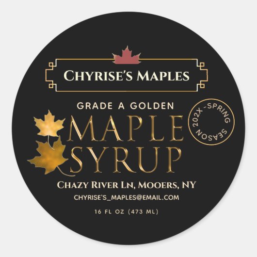 Étiquette de sirop d'érable noir avec feuille et d (Devant)