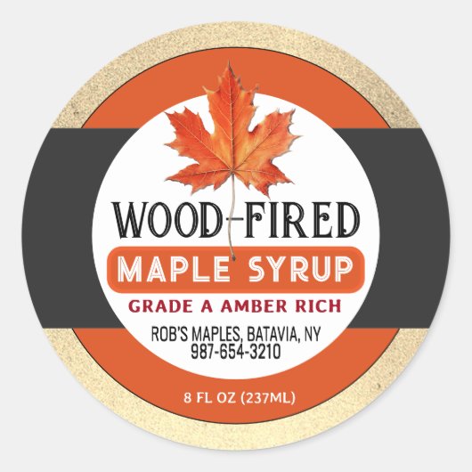 Étiquette de sirop d'érable orange à feu de bois (Devant)