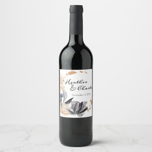 Étiquette de vin de mariage Fleurs de fumée noires (Devant)