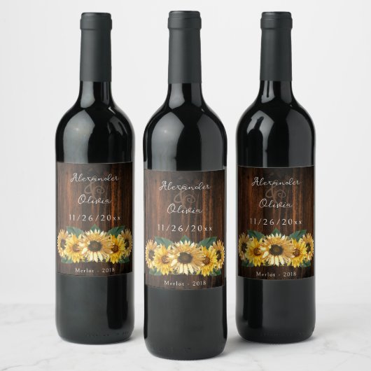 Étiquette de vin Mariage de tournesol rustique (Bouteilles)