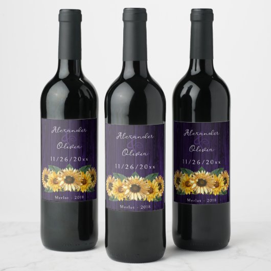 Étiquette de vin Mariage de tournesol violet rusti (Bouteilles)