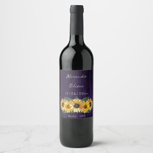 Étiquette de vin Mariage de tournesol violet rusti (Devant)