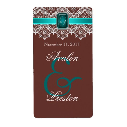 Étiquette de vin Mariage en dentelle turquoise et (Devant)
