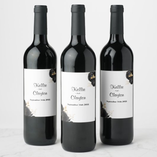 Étiquette de vin Mariage Floral Noir Et Or (Bouteilles)