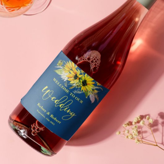 Étiquette de vin Mariage Sunflower bleu