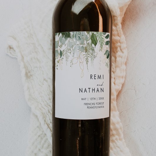 Étiquette de vin Mariage verdoyant et feuille d'or