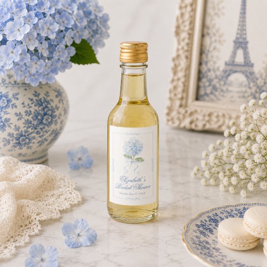 Étiquette de vin miniature élégante hydrangea bleu