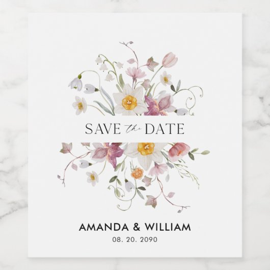Étiquette de vin « Save the Date » – Fleurs aquare (Étiquettes simples)