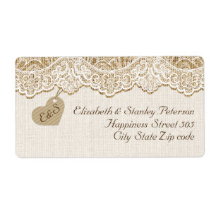 Étiquette Dentelle blanche et coeur sur mariage burlap