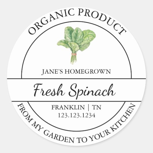 Étiquette d'épinards bio frais de jardin maison (Devant)
