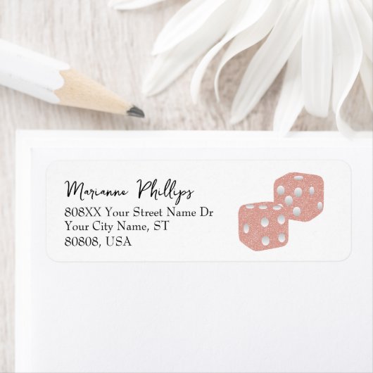 Étiquette Dés de casino de Parties scintillant rose (En situation)