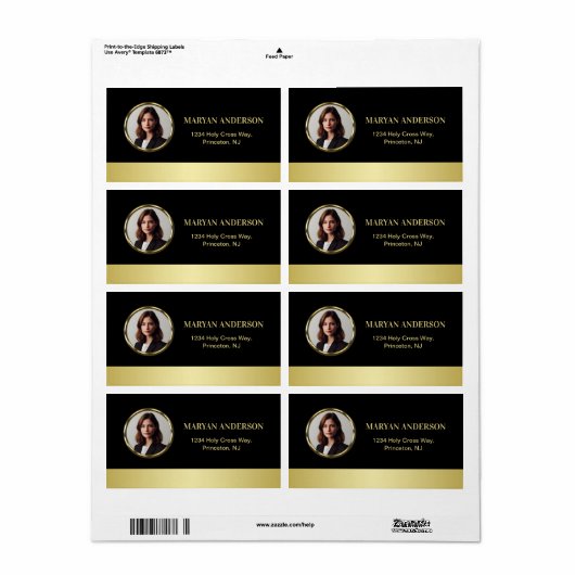 Étiquette Design noir & or, logo ou photo en cercle or, (Feuille entière)