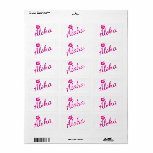 Étiquette Design original en texte rose ALOHA et fleur (Feuille entière)