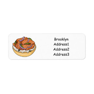 Étiquette dessin animé de bagel saumon