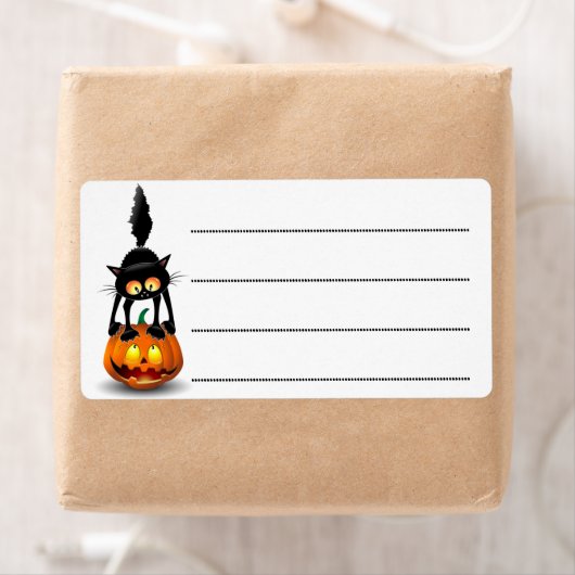 Étiquette Dessin d'Halloween au chat effrayé sur Citrouille (En situation)