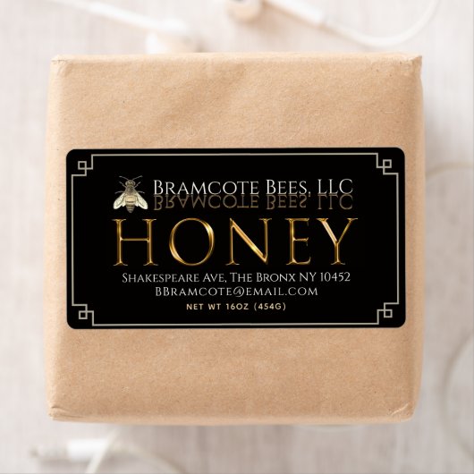 Étiquette d'expédition de miel Or sur Noir (En situation)