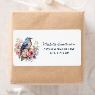 Étiquette d'expédition Fleurs roses Oiseau bleu