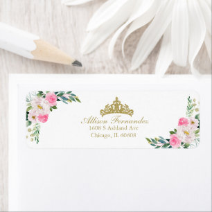 Étiquette Diadème en or Quinceanera fleurs rose chaud Label