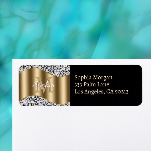 Étiquette Diamants de glam, Monogramme d'or, nom et adresse