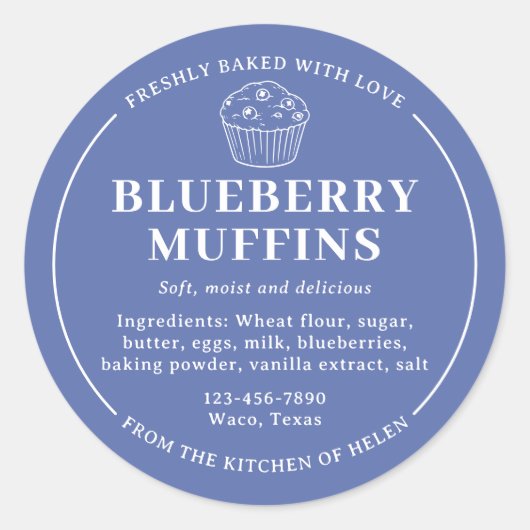 Étiquette d'ingrédient de boulangerie Muffins Bleu (Devant)