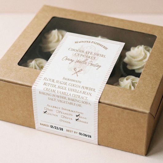Étiquette d'ingrédients de boulangerie de cupcakes