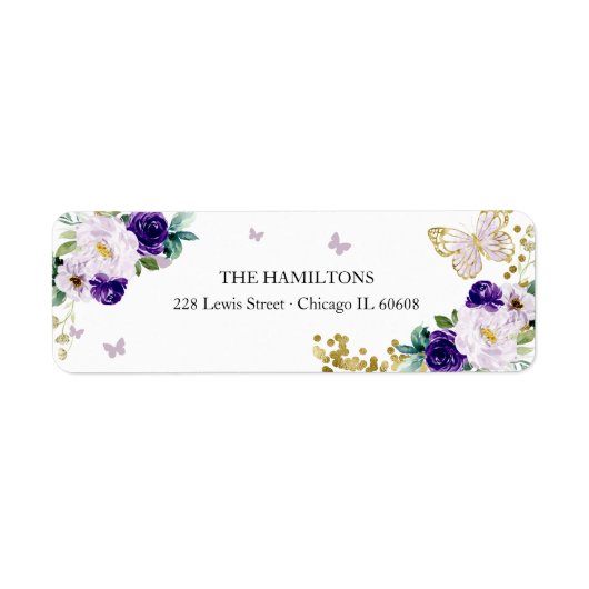 Étiquette Douze ans charmants Papillon floral or violet (Devant)