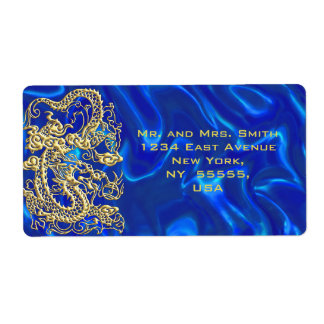 Étiquette Dragon d'or embouti sur Blue Satin