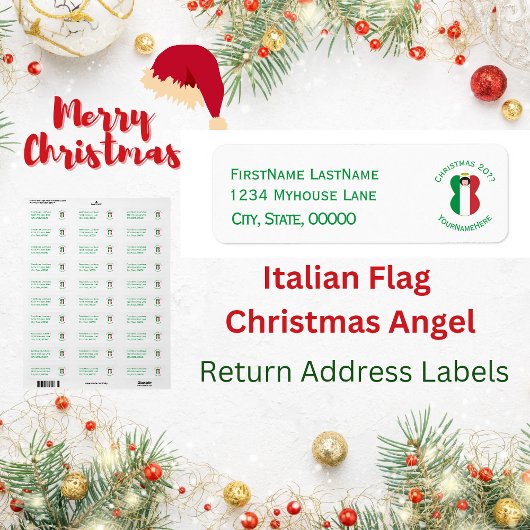 Étiquette Drapeau italien Ange de Noël Adresse de retour