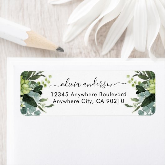 Étiquette Dusty Blue Eucalyptus Vert Mariage Succulent (En situation)