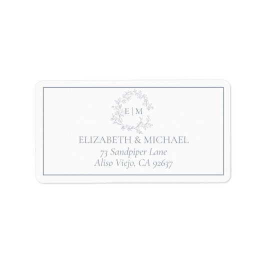 Étiquette Dusty Blue Leafy Crest Monogram Adresse du Mariage (Devant)