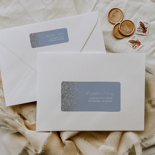 Étiquette Dusty Blue Silver Parties scintillant Mariage reto