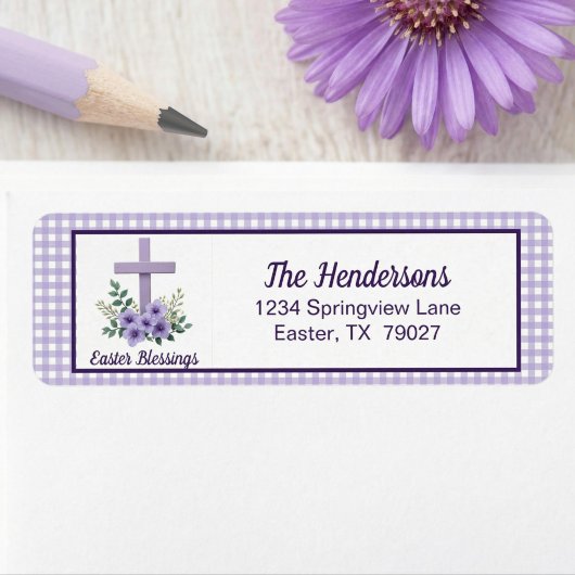 Étiquette Easter Blessings Cross with Flowers Purple Gingham