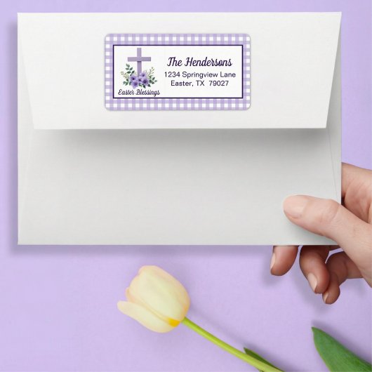 Étiquette Easter Blessings Cross with Flowers Purple Gingham