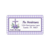 Étiquette Easter Blessings Cross with Flowers Purple Gingham (Devant)