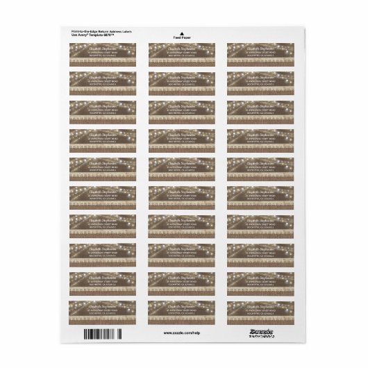 Étiquette Éclairages à cordes et Mariage rustique Burlap (Feuille entière)