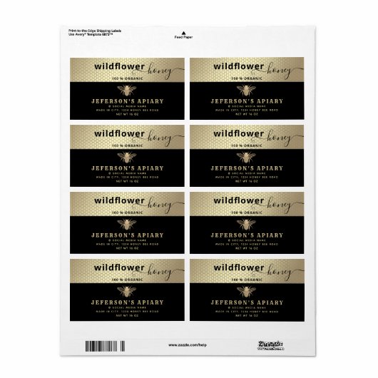 Étiquette Écriture d'abeille en or noir moderne Chocolat (Feuille entière)