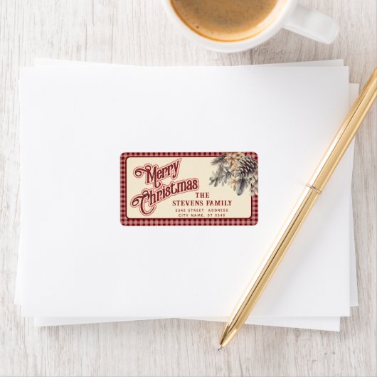 Étiquette Écriture moderne Joyeux cône de pin de Noël floral (En situation)