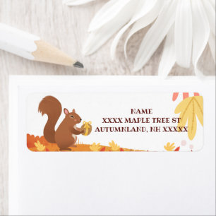 Étiquette Écureuil d'automne avec la noix et les feuilles d'