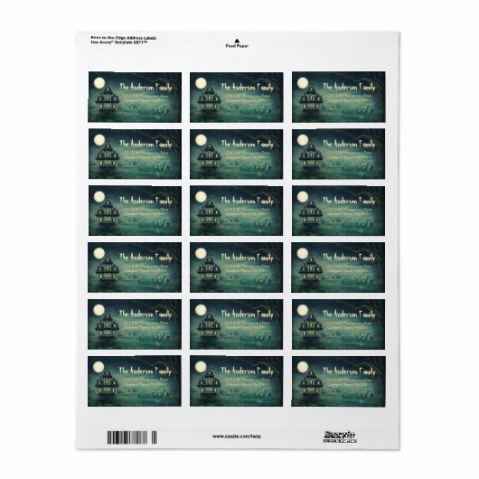 Étiquette Éffrayant Halloween Haunted House Moon (Feuille entière)