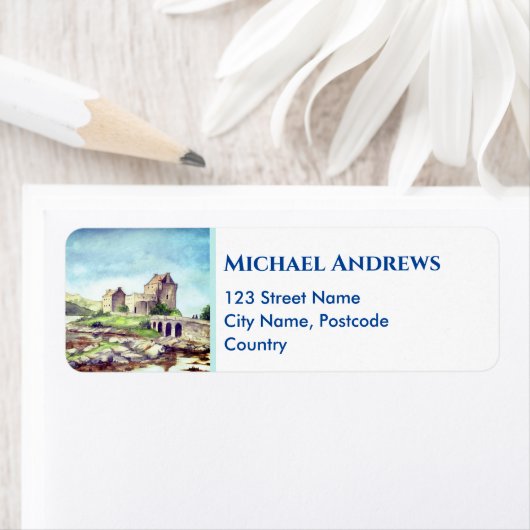 Étiquette Eilean Donan Castle Ecosse aquarelle peinture (En situation)