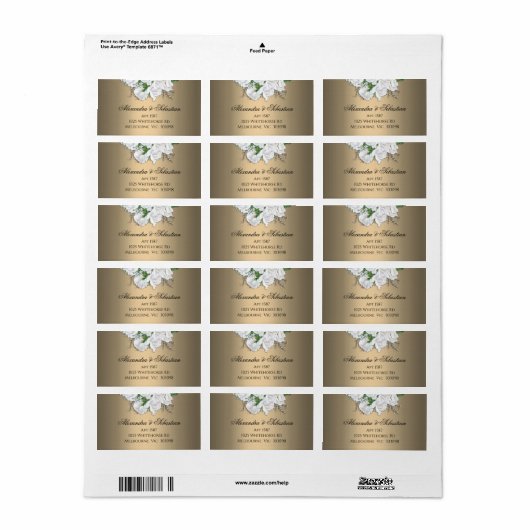 Étiquette Elégance dorée et Mariage de roses blanches (Feuille entière)