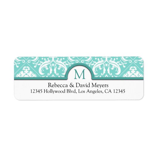 Étiquette Elégant Aqua bleu & blanc Damas avec Monogramme (Devant)