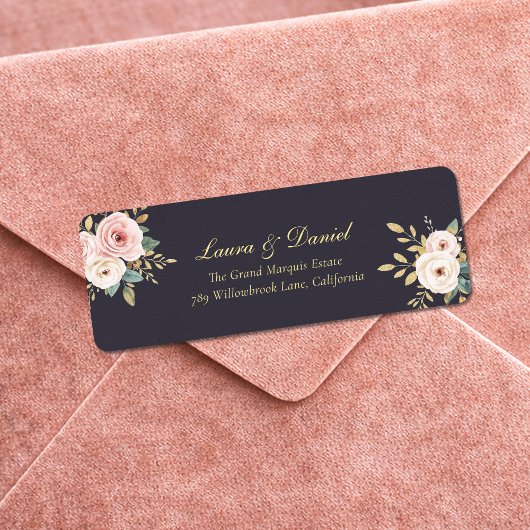 Étiquette Elegant Black & Gold Roses Return Address Label